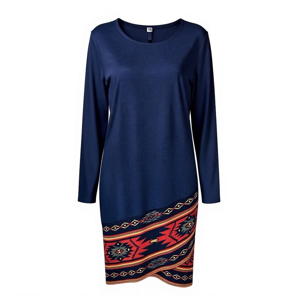 Spense Womens Navy Blue Southwestern Print Long Sleeve Tulip Hem Sheath Dress 8